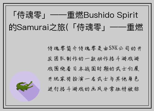 「侍魂零」——重燃Bushido Spirit的Samurai之旅(「侍魂零」——重燃Samurai之旅的Bushido Spirit深度评测)